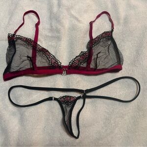 Sheer Lace Bralette and G-String Set in Black and Fuchsia